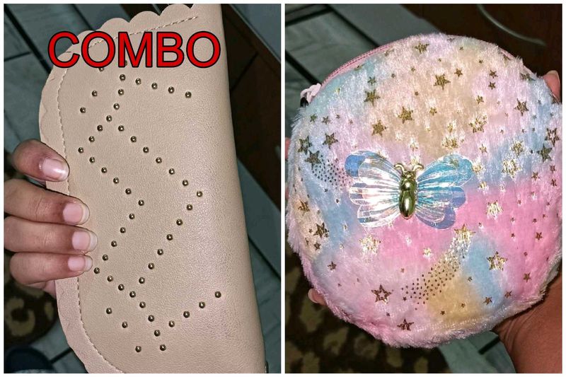 Combo of Clutch Purse and Fuzzy Pouch
