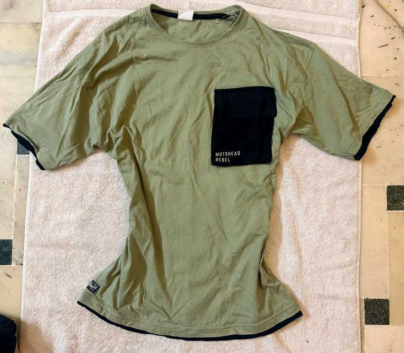 Olive Green T-Shirt with Black Pocket