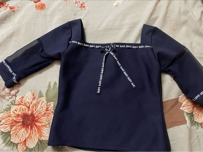 Navy Blue Square Neck Top with 'Love' Detail
