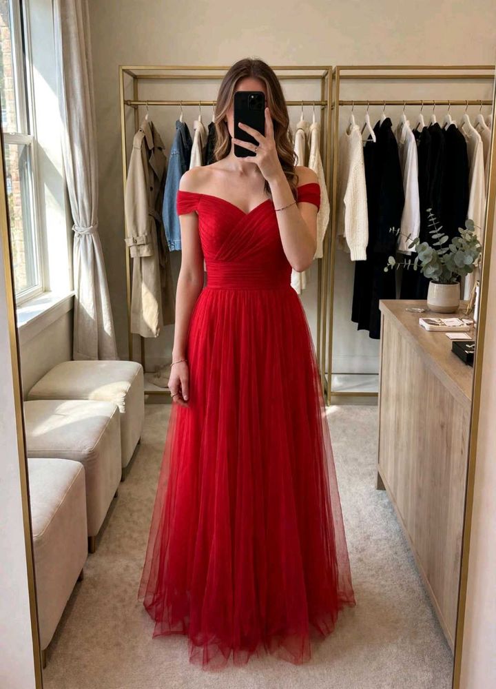 Elegant Red Off-Shoulder Tulle Dress