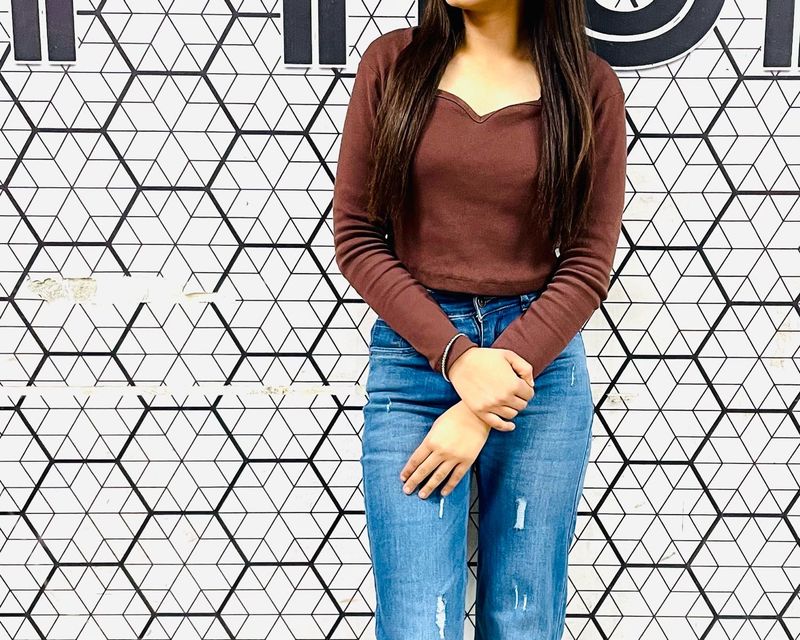 Brown V-Neck Long Sleeve Top