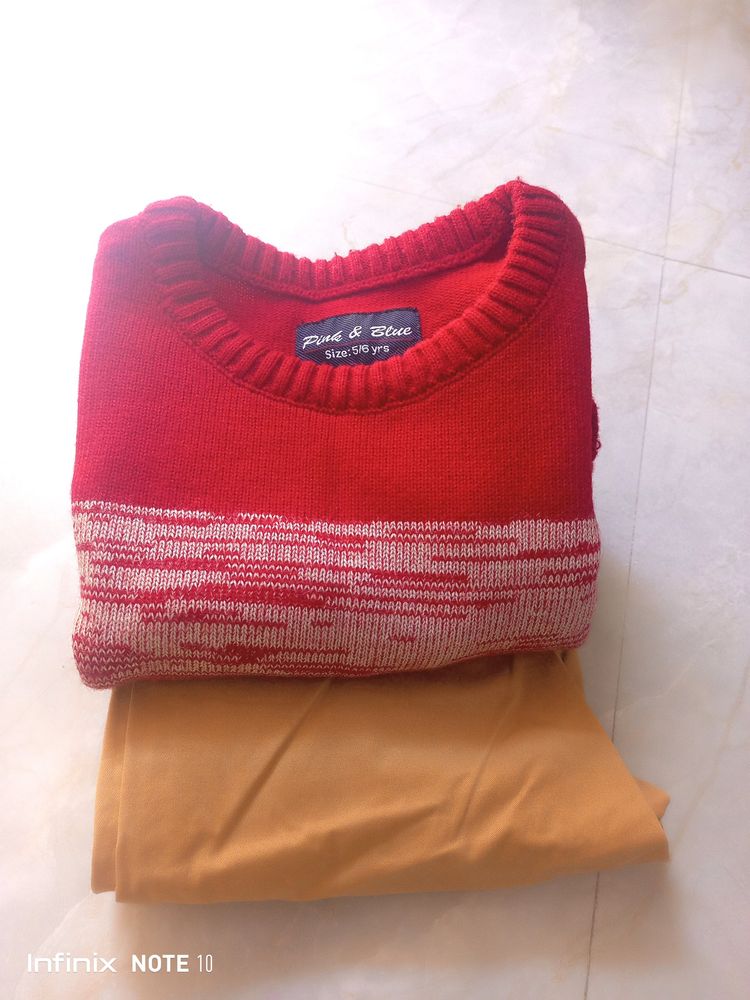 New 5-6 Years Boy's Tan Chino &amp; Red Sweatshirt