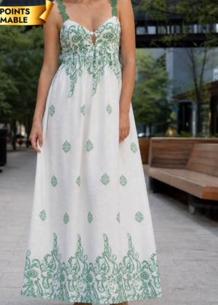 Elegant White Maxi Dress with Green Print