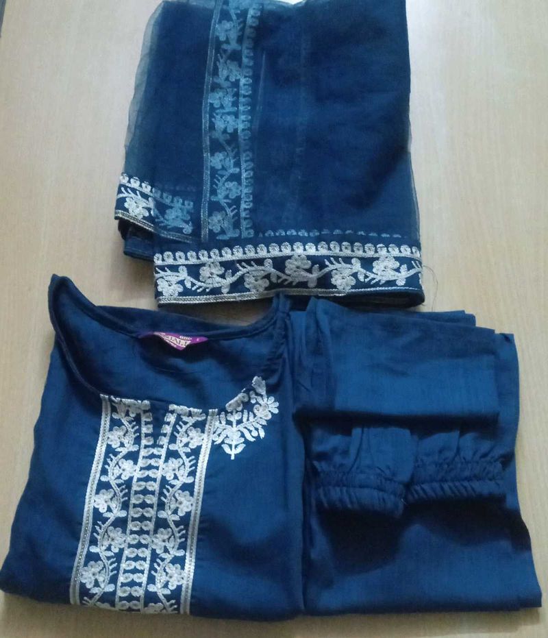 Navy Blue Embroidered Kurta Set with Dupatta