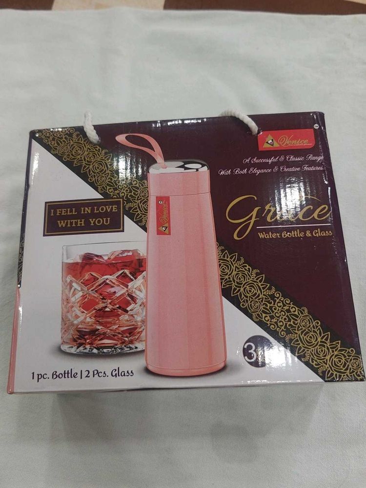 Stylish Pink Water Bottle &amp; Glass Set
