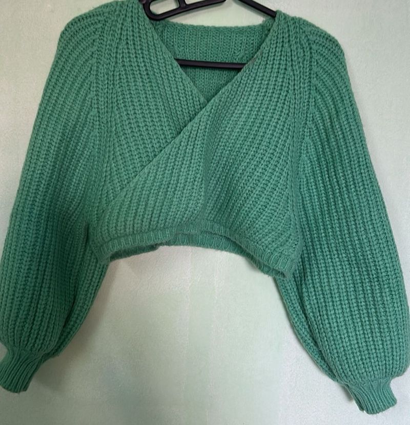 Green Chunky Knit Wrap Sweater