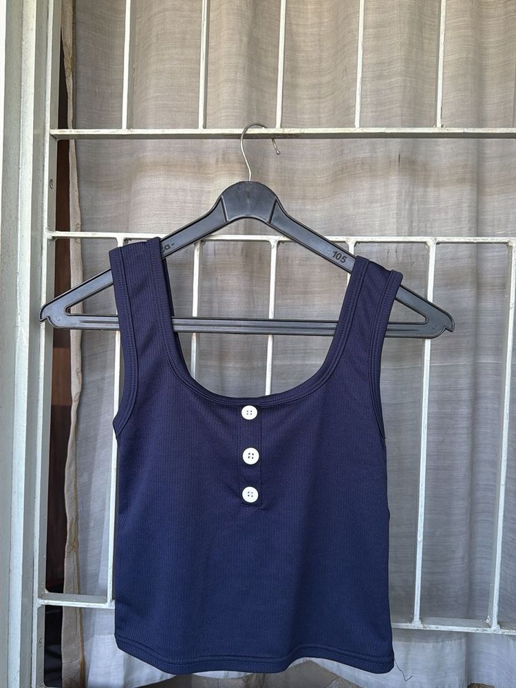 Navy Blue Button-Up Crop Top