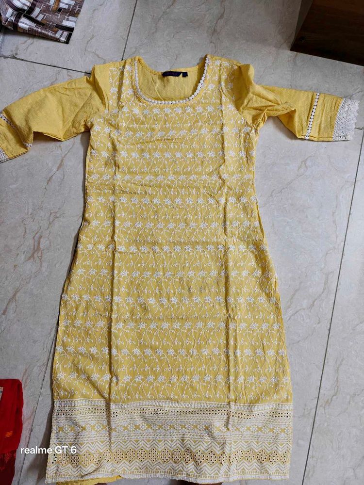 Premium Yellow Chikankari Style Kurti of size S
