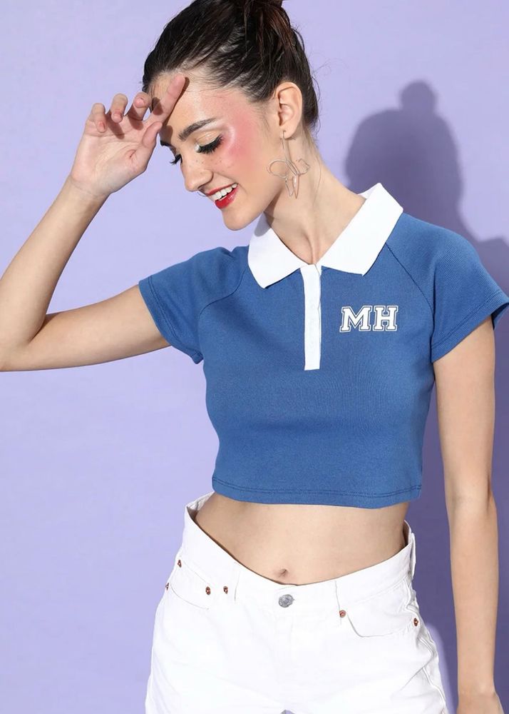 Blue Crop Polo Top with White Collar