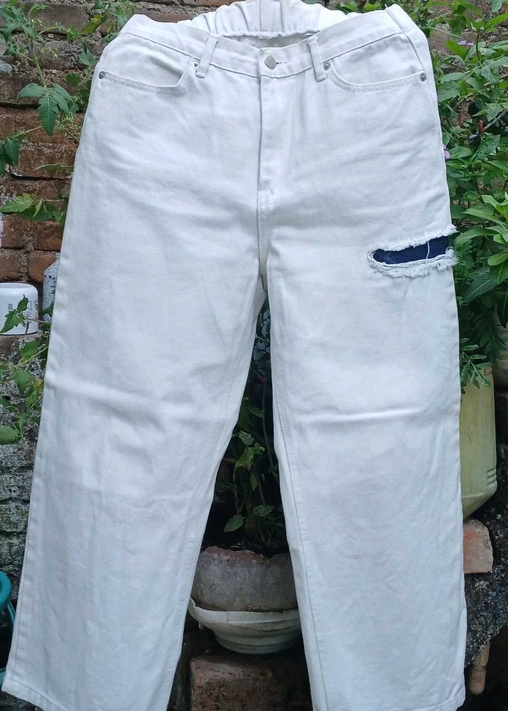White Distressed Wide-Leg Jeans