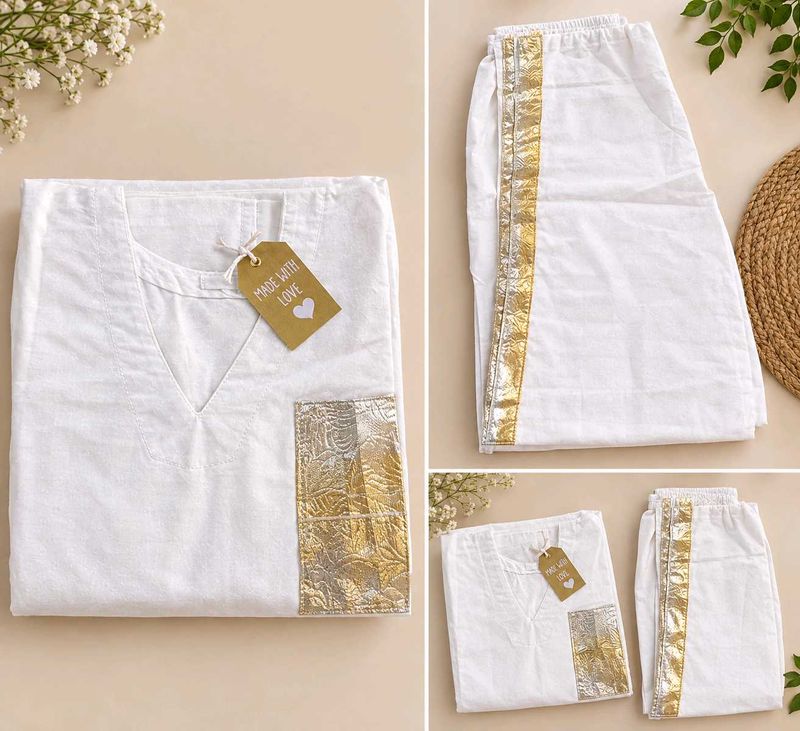 Elegant White Kurta Set with Gold Accents