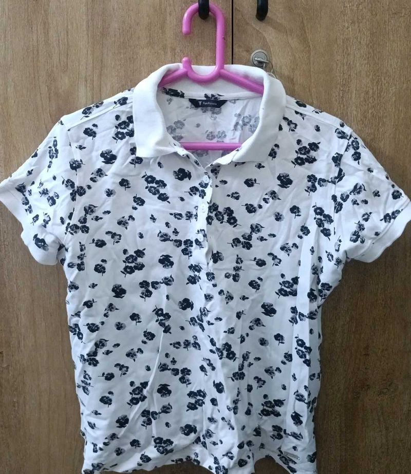 White Floral Print Polo T-Shirt