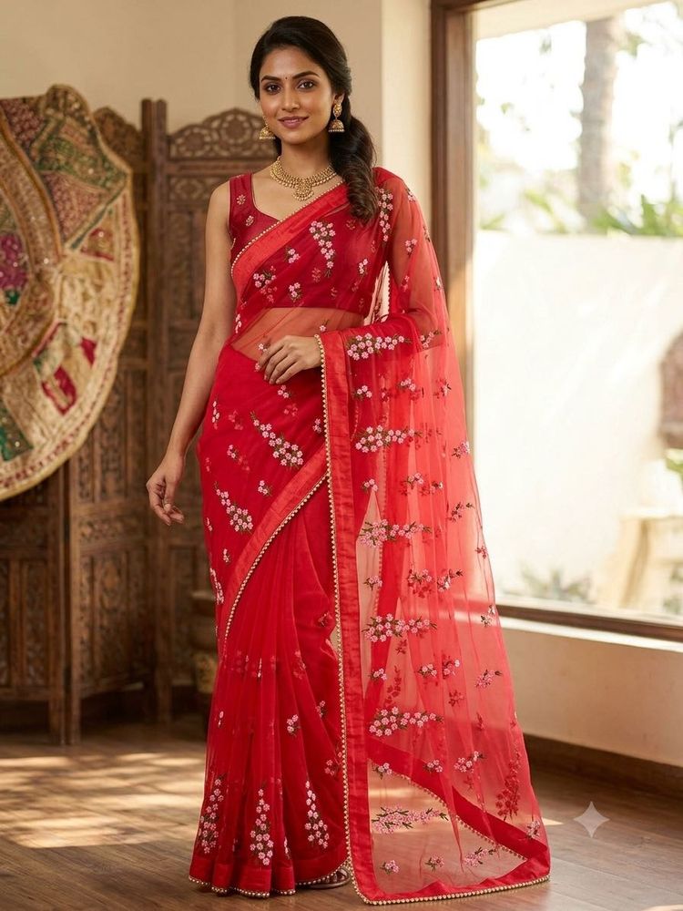 Beautiful Red Embroidered Net Saree