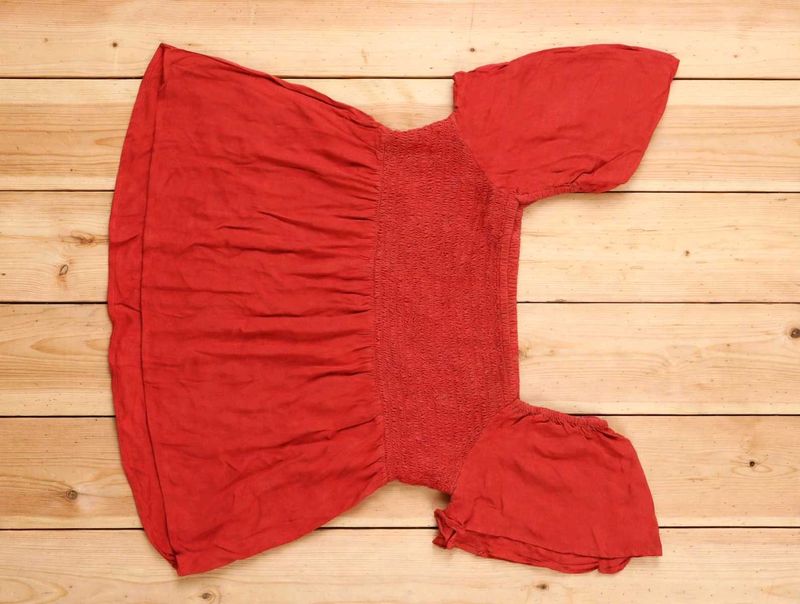 Red Smocked Blouse with Flutter Sleeves