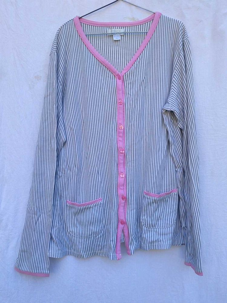 Striped Button-Up Cardigan with Pink Trim
