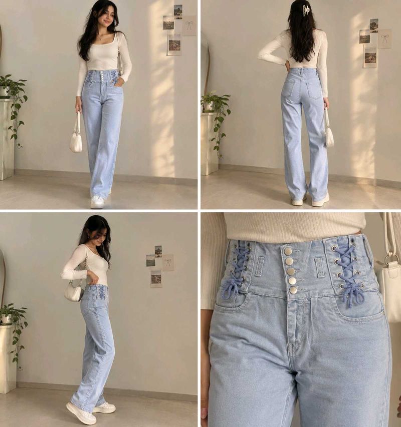 High Waisted Lace-Up Ice Blue Jeans