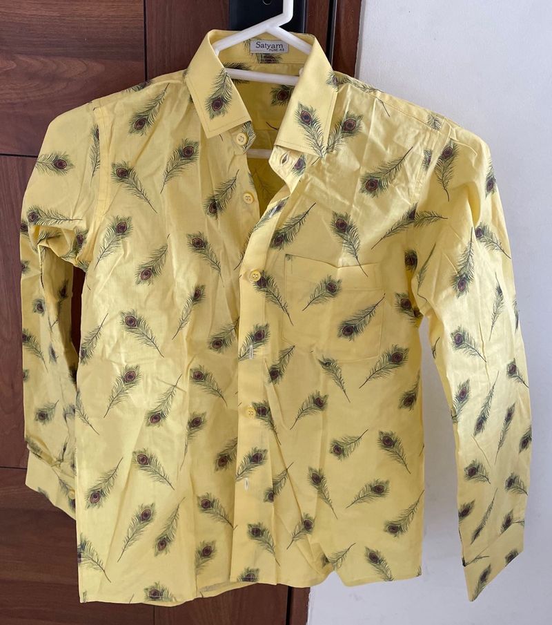 Yellow Peacock Feather Kurta Shirt