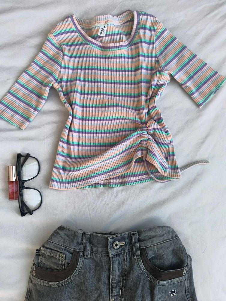 Striped Ruched Tie-Front Top