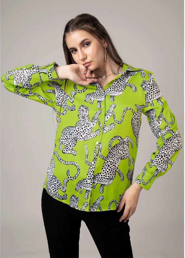 Lime Green Leopard Print Button-Up Shirt