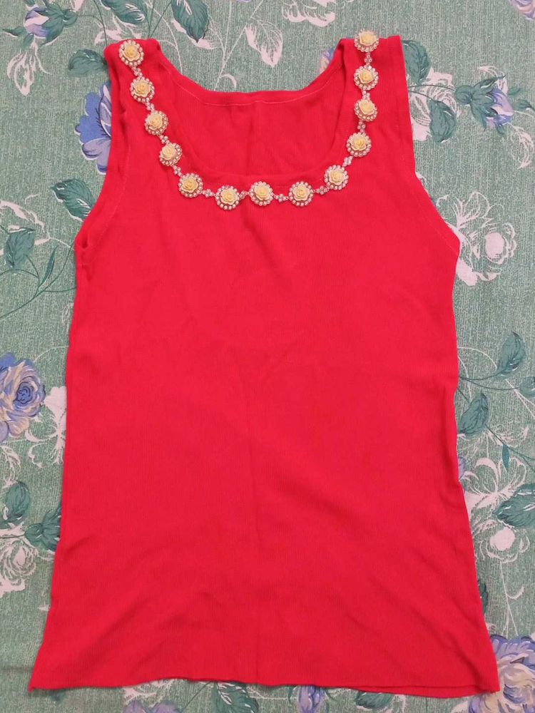 Red Tank Top with Embellished Neckline