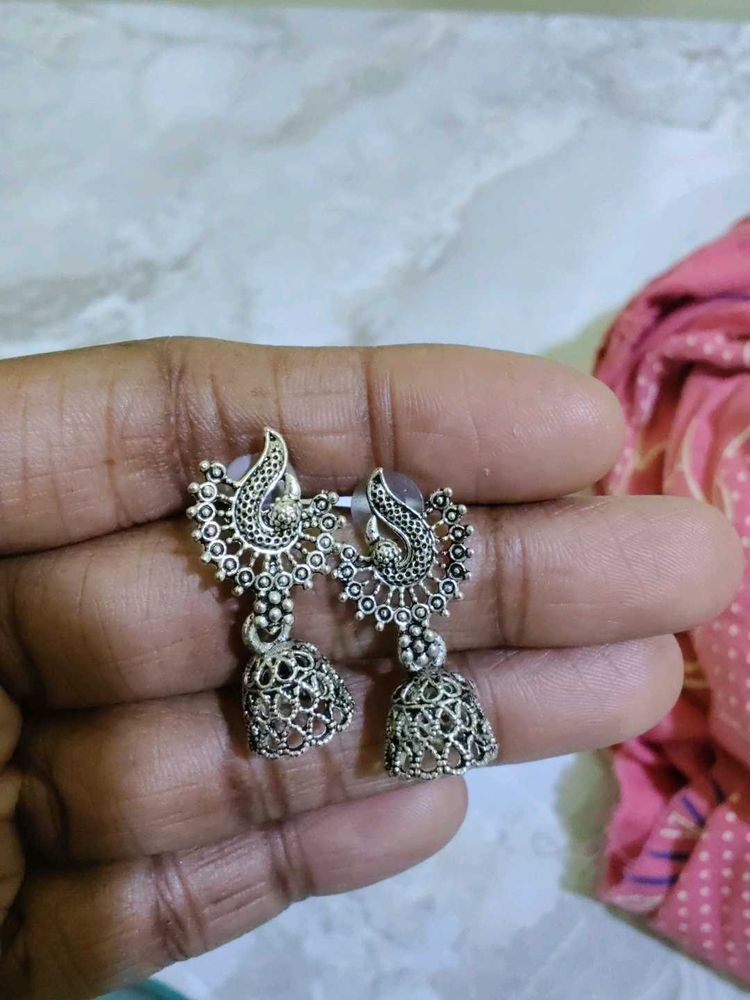 Oxidized Silver Peacock Jhumka Earrings