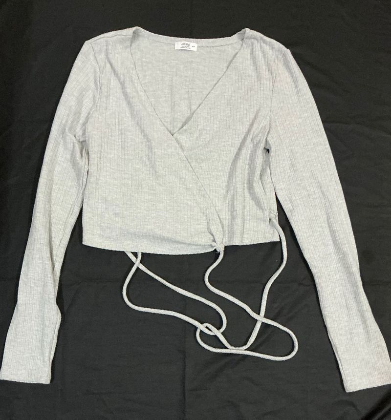 elegant Grey Ribbed Wrap Long Sleeve Top