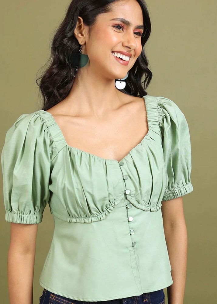 Tokyo Talkies Pastel Green Puff Sleeve Top