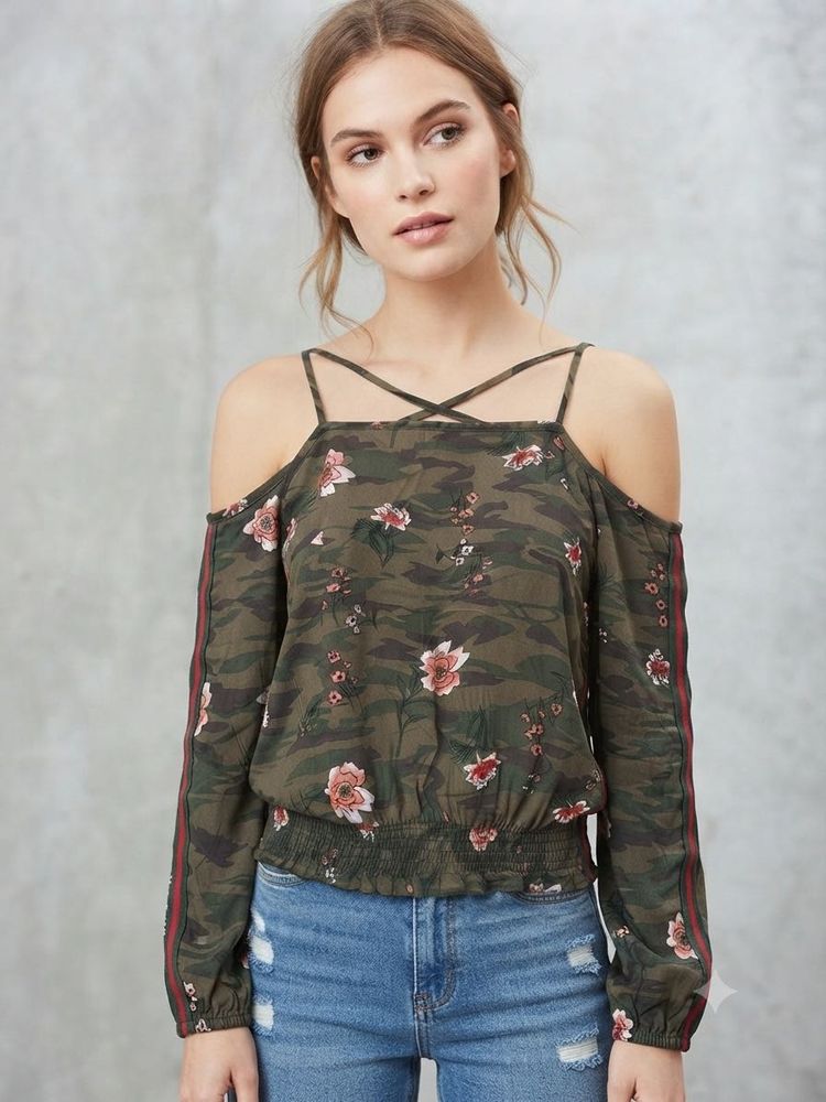 Camo Floral Cold-Shoulder Top