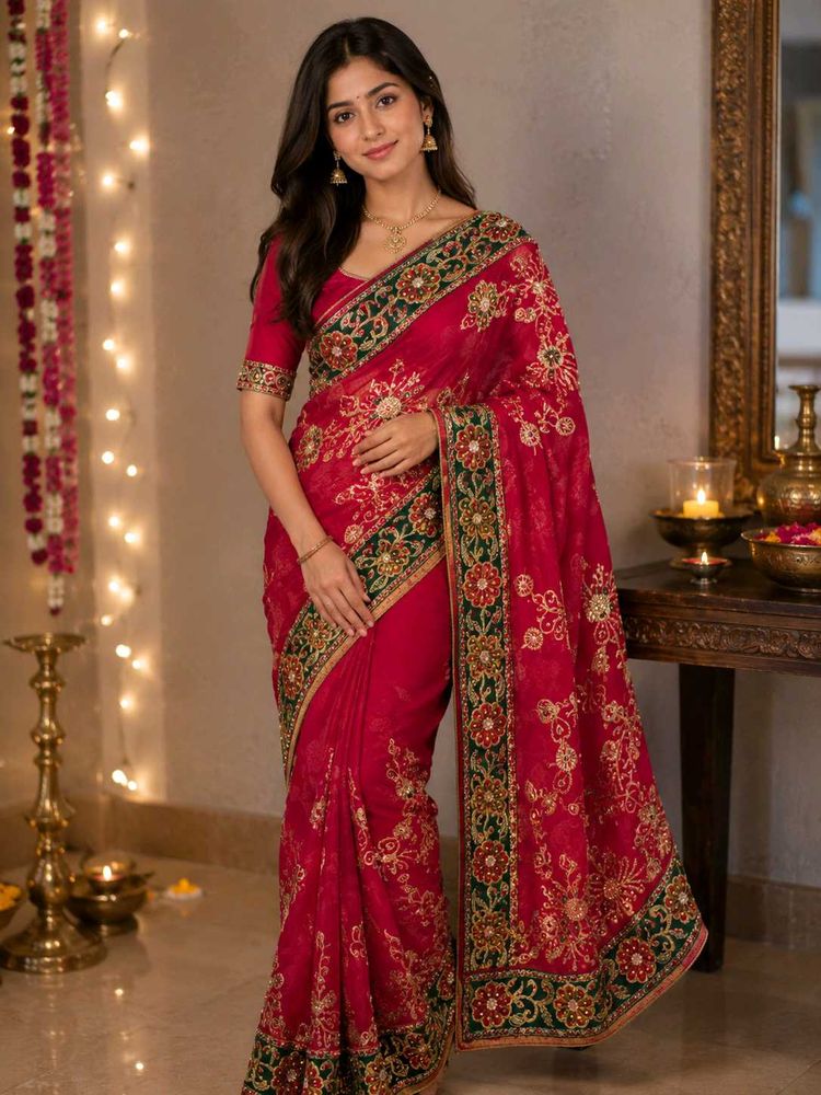 Red Embroidered Saree with Blouse