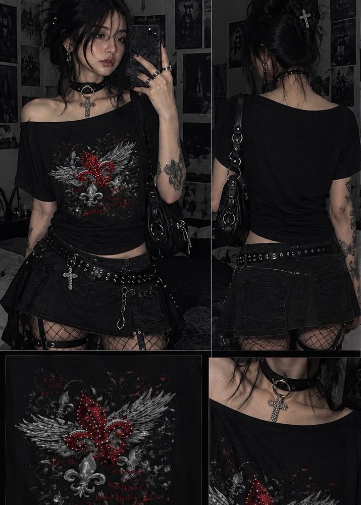 Gothic Fleur-de-lis Graphic Off-Shoulder Top