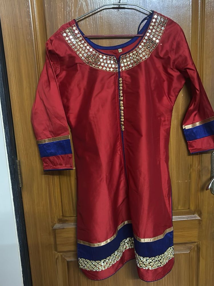 Elegant Red Silk Kurta with Mirror Work
