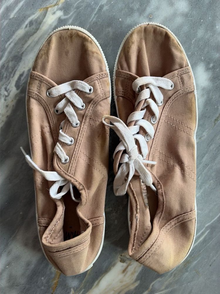 Tan Canvas Lace-Up Sneakers