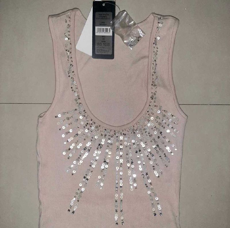 Y2K Sparkly Sequin Embellished Nude Top - Women's