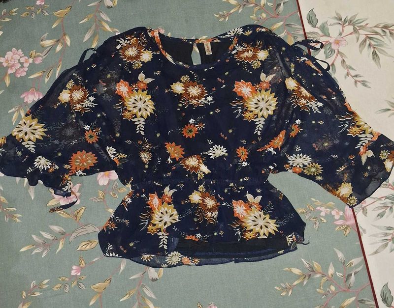Boho Floral Print Sheer Blouse