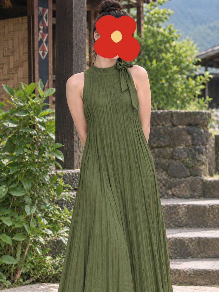 Pleated Olive Green Maxi Dress