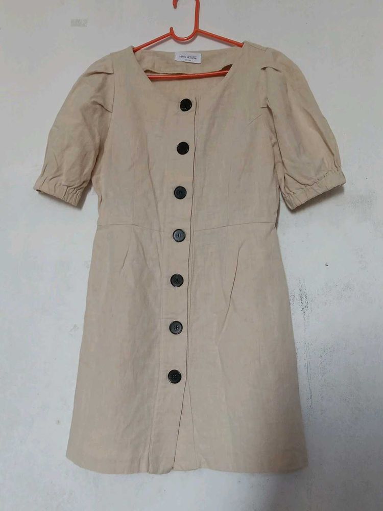 Linen Chic Beige Button-Front Mini Dress
