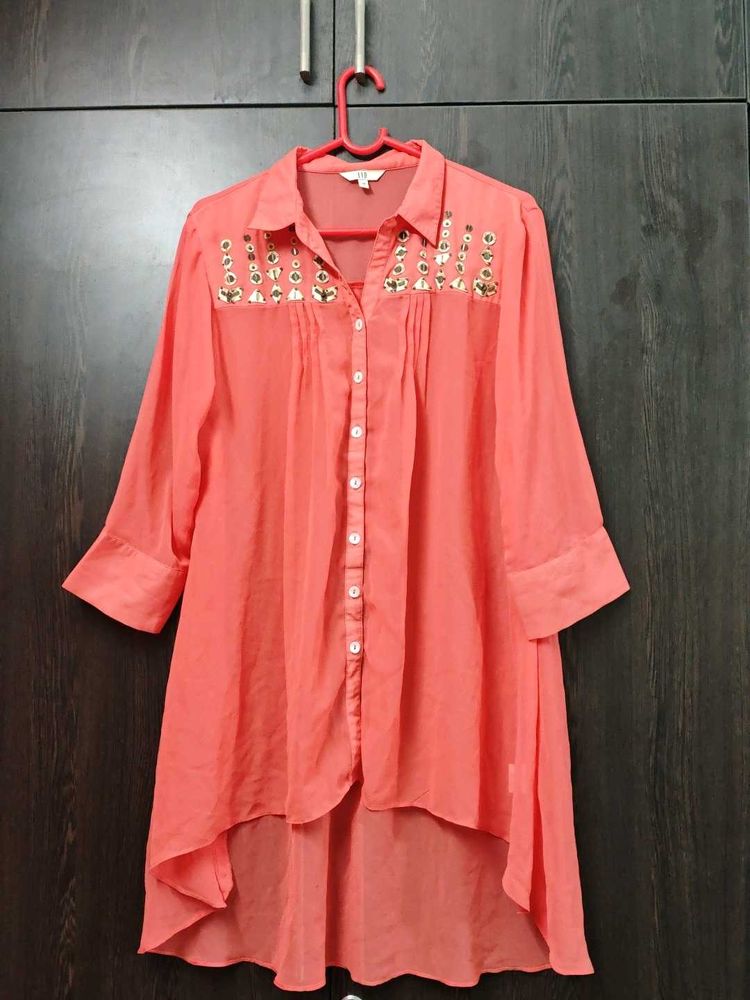 Elegant Coral Embroidered Kurta
