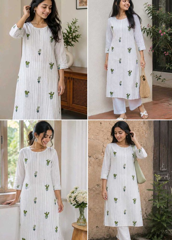 White Kurta with Cactus Print