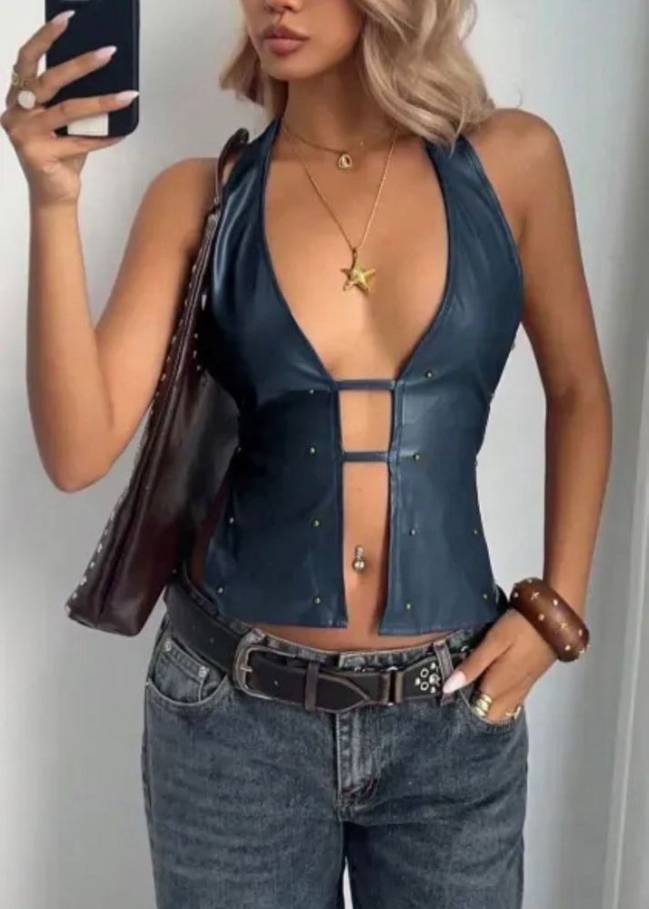 Edgy Blue Halter Neck Studded Crop Top
