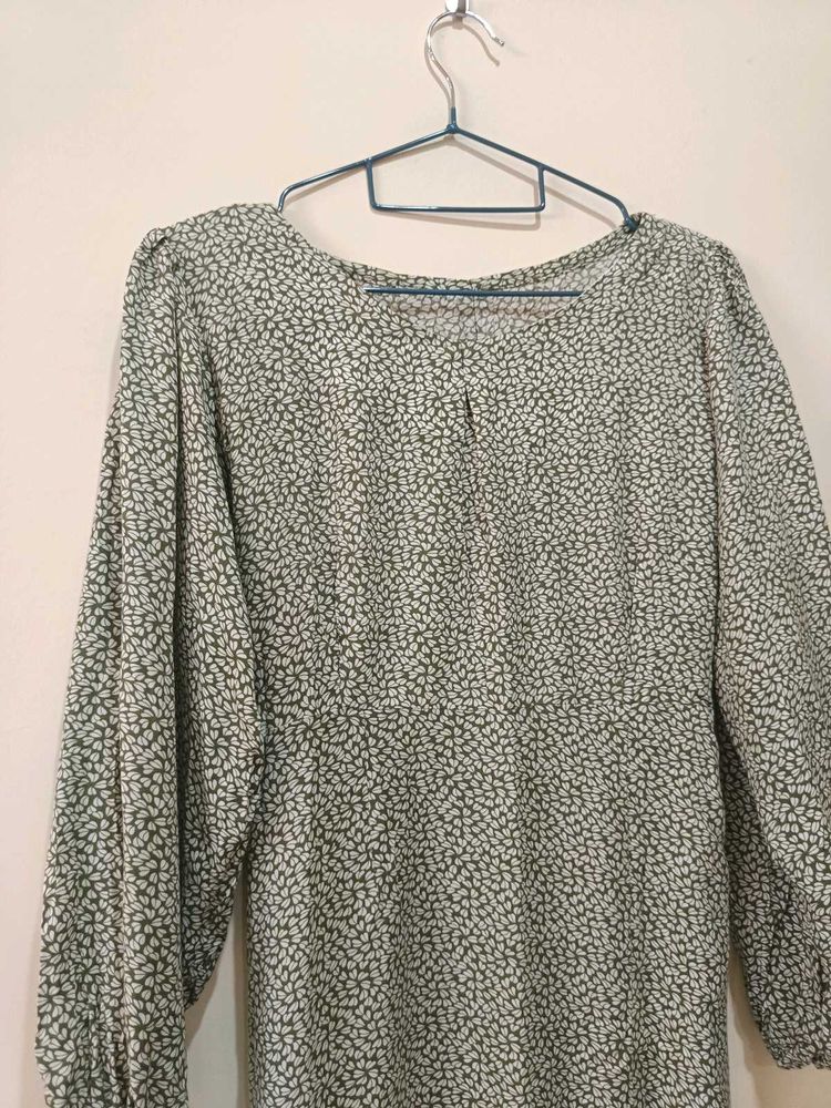 Pure Cotton tailored dress. Olive Green with print