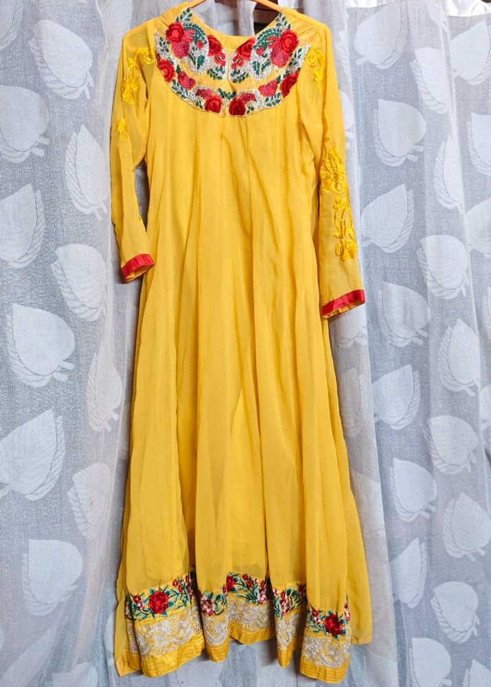 Yellow long Anarkali-style gown