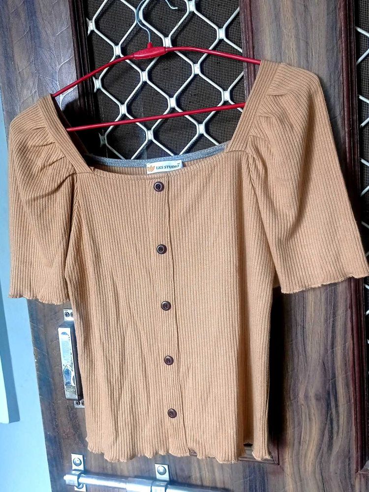 beige Ribbed Square Neck Top