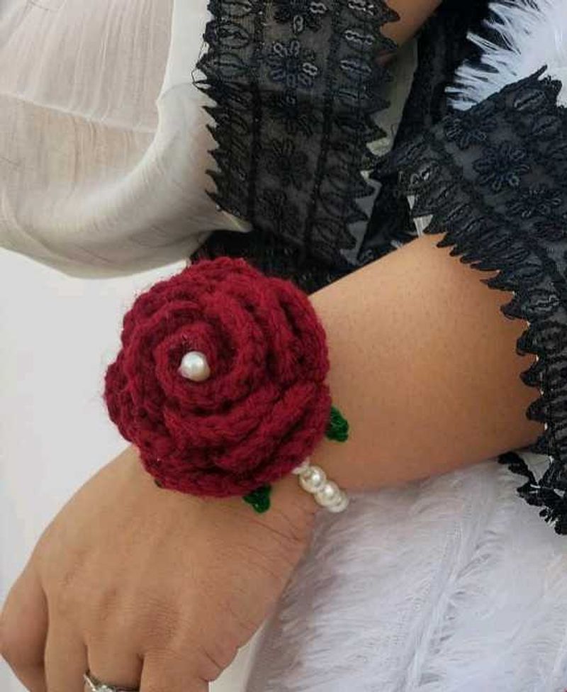 Handmade Crochet Rose Bracelet with Pearl Detail