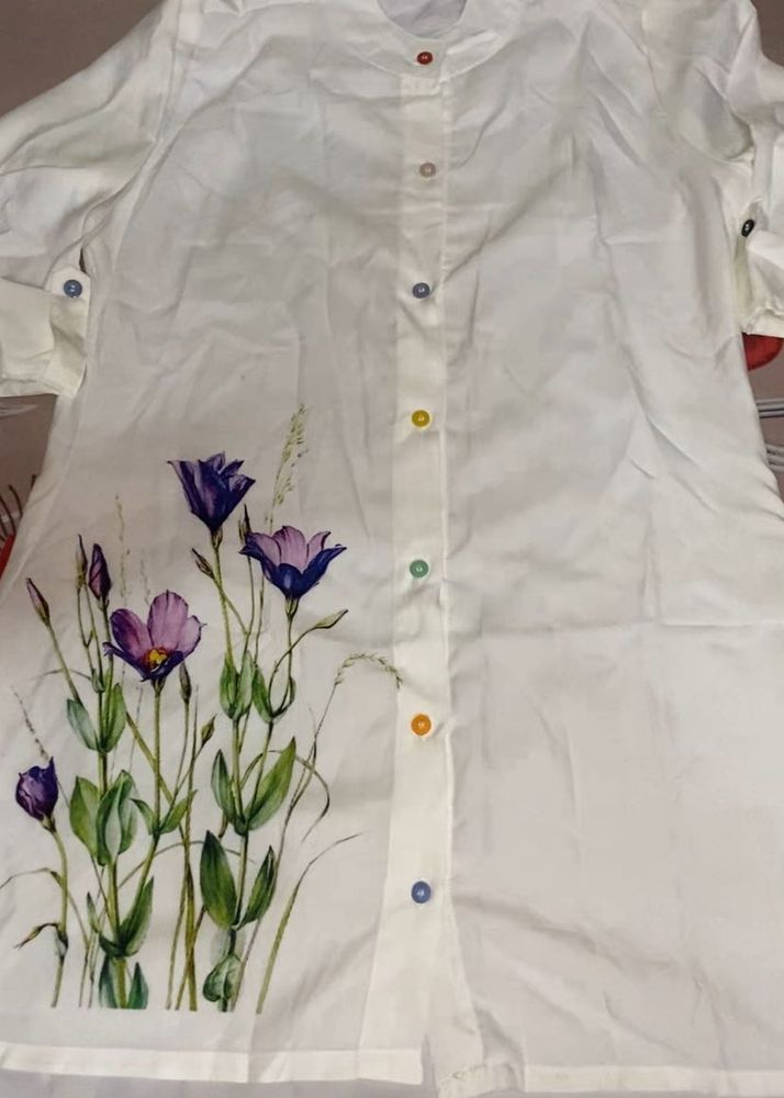 White Kurta with Floral Print XL
