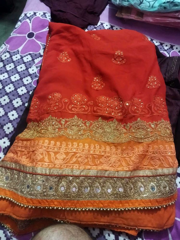 Elegant Orange &amp; Red Embroidered Saree