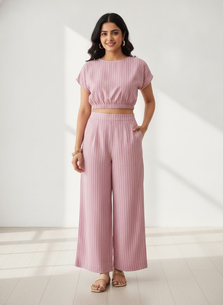 Pink Striped Crop Top &amp; Palazzo Pants Set