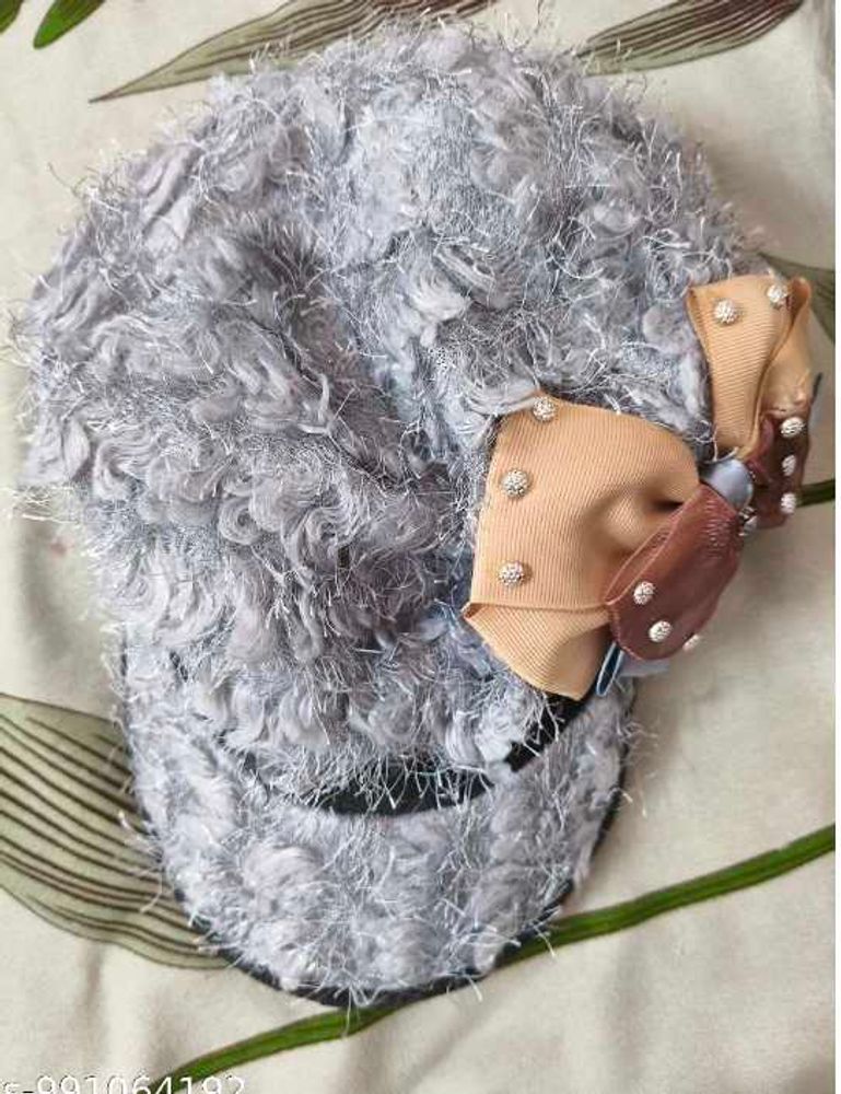 Fuzzy Gray Hair Cap with Bow 🧢