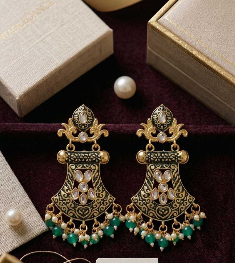 Designer Ethnic Earrings with Green Beads