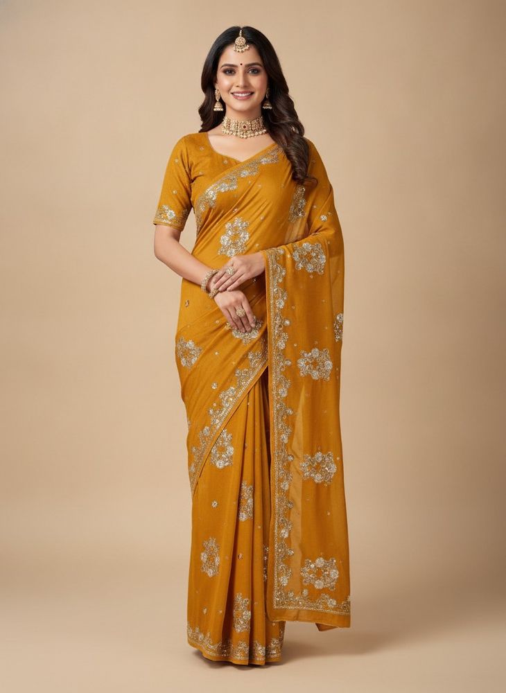 Embellished Mustard Yellow Saree