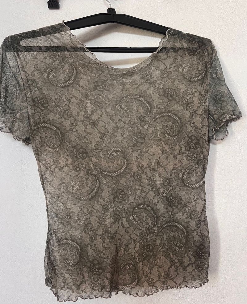 Sheer Lace Print Short Sleeve Top